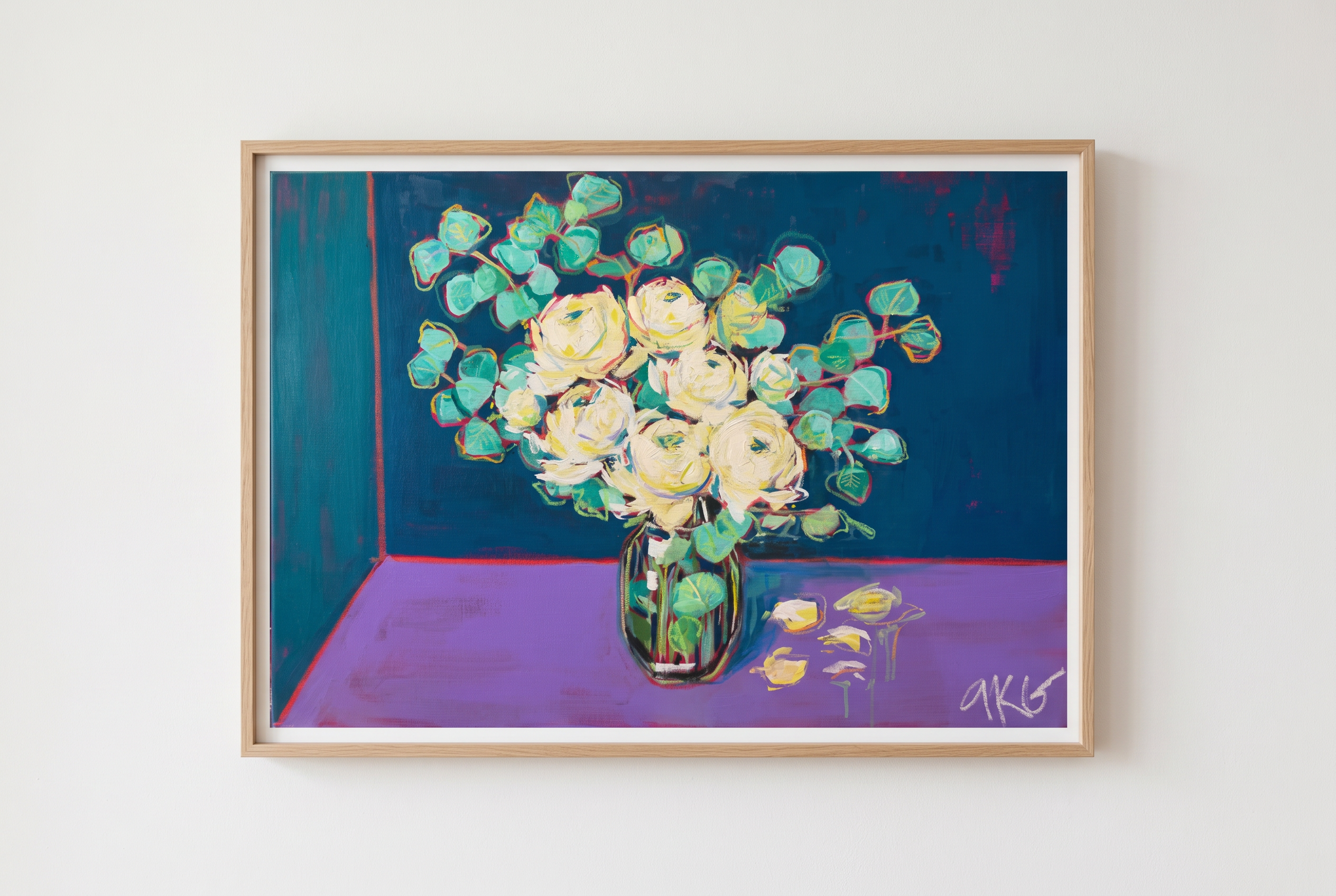 Ranunculus on Indigo, Acrylic and oil pastel on canvas, 24 × 36 in