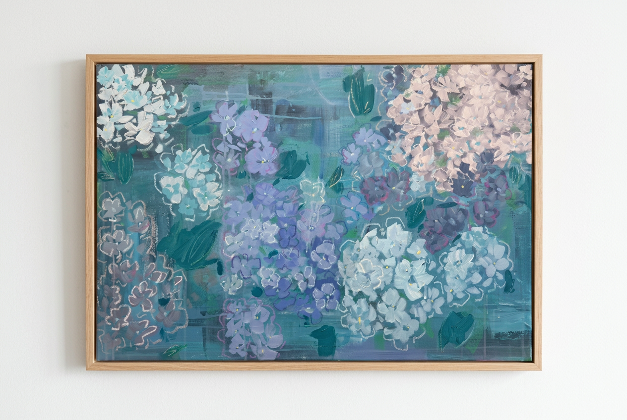 A Bushel of Hydrangeas, Acrylic and oil pastel on canvas, 24 × 36 in